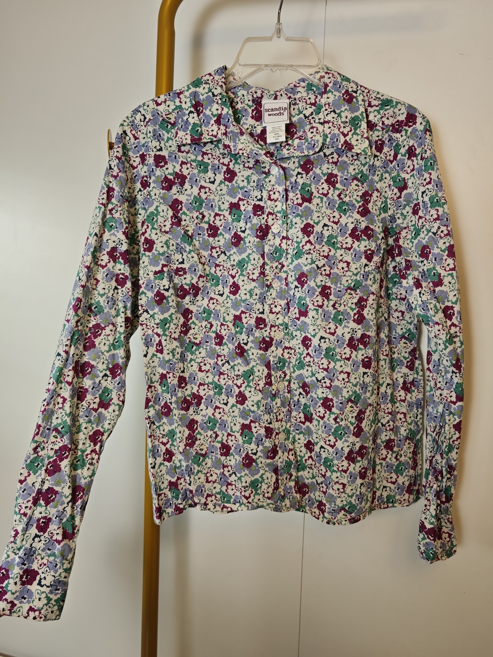 Vintage Scandi Vibes Floral Button-Down Shirt - White with Purple & Teal Flowers